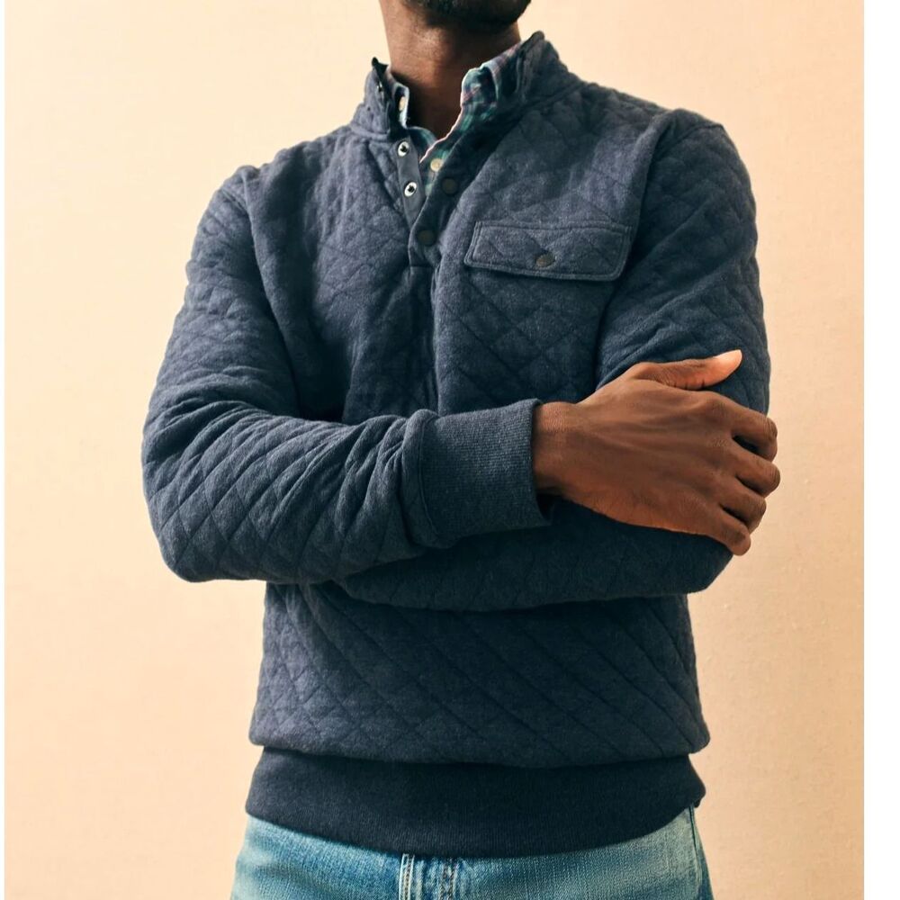 Faherty Epic Quilted Fleece Navy Melange XL Snap Pullover Coastal Gorpcore